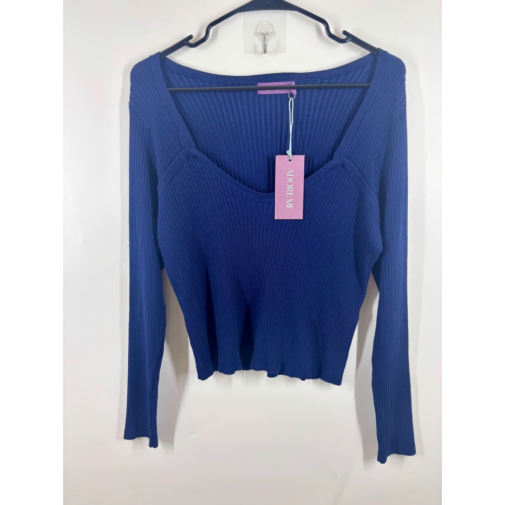 Adore Me Royal Blue Ribbed Sweetheart Neckline Long Sleeve Top Large